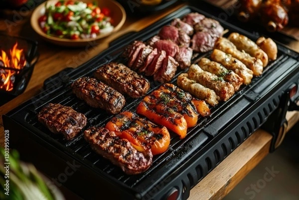 Fototapeta Argentinian asado grill loaded with varied meats and glowing embers of the parilla