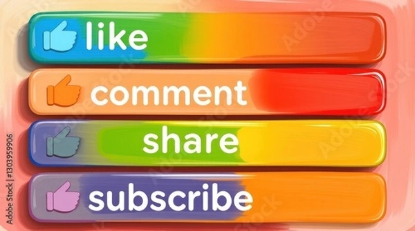 Fototapeta Social Media Engagement Buttons Like Comment Share Subscribe Colorful Design