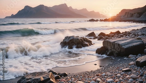 Obraz Rocky beach with crashing waves at sunset. 