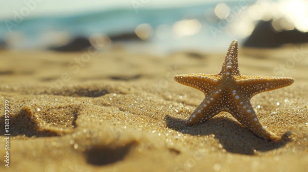 Fototapeta Starfish on sandy beach, evoking summer relaxation and joy