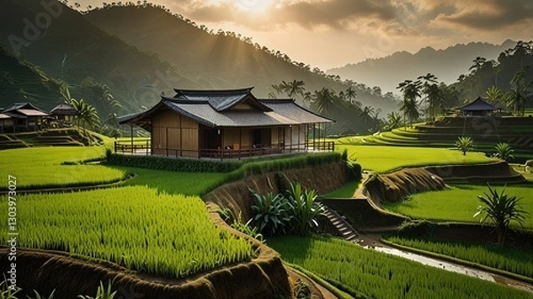 Obraz Landscape of terraced rice fields, characterized by their lush green and golden hues.
