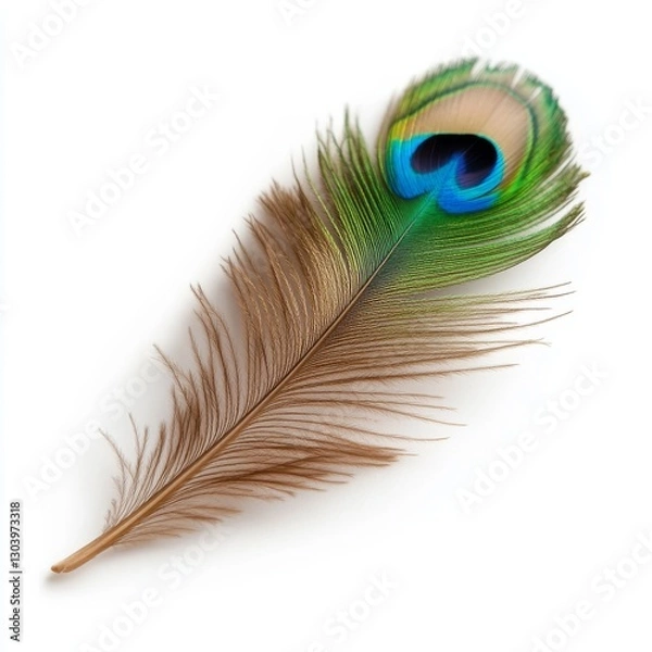 Obraz Peacock feather, close-up, white background