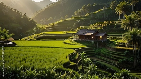 Fototapeta Landscape of terraced rice fields, characterized by their lush green and golden hues.