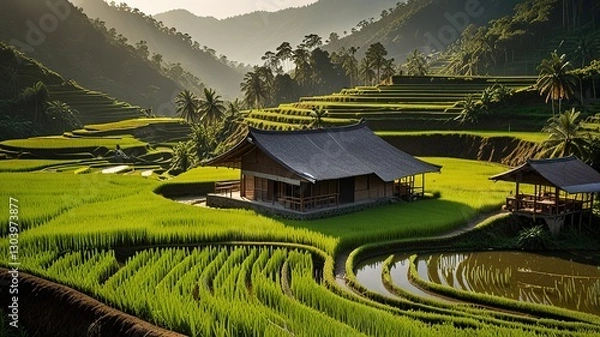 Fototapeta Landscape of terraced rice fields, characterized by their lush green and golden hues.