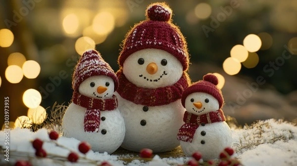 Obraz A charming winter scene featuring three snowmen,