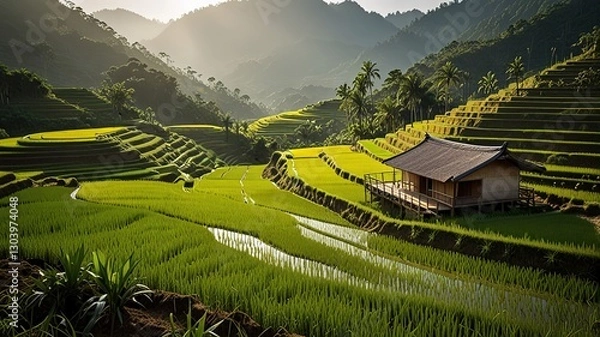 Fototapeta Landscape of terraced rice fields, characterized by their lush green and golden hues.