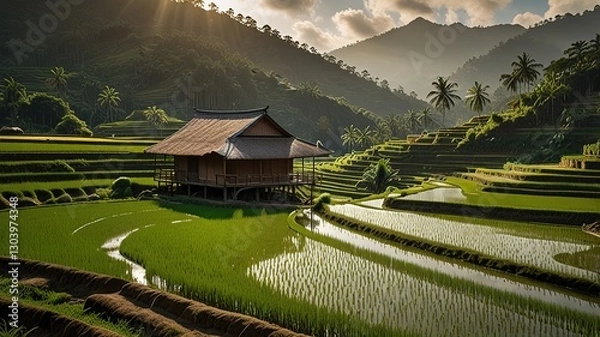 Fototapeta Landscape of terraced rice fields, characterized by their lush green and golden hues.