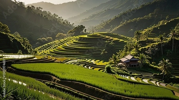 Fototapeta Landscape of terraced rice fields, characterized by their lush green and golden hues.