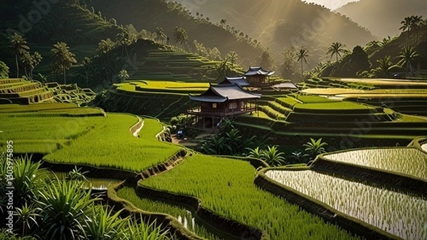 Obraz Landscape of terraced rice fields, characterized by their lush green and golden hues.