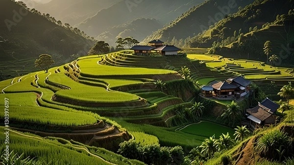 Fototapeta Landscape of terraced rice fields, characterized by their lush green and golden hues.