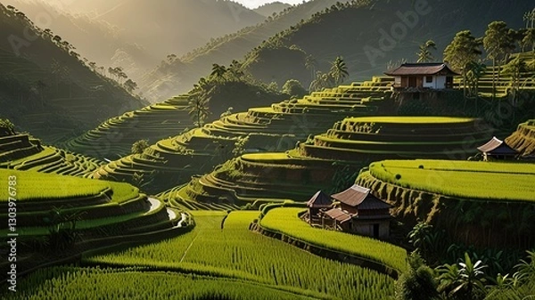 Obraz Landscape of terraced rice fields, characterized by their lush green and golden hues.