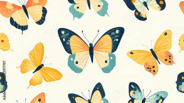 Fototapeta Cheerful butterflies in seamless pattern on light background