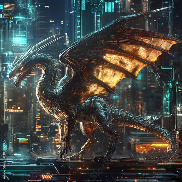 Fototapeta Abstract dragon in high tech background image, generative AI illustration