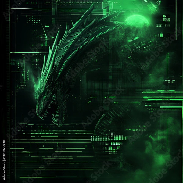 Fototapeta Abstract dragon in high tech background image, generative AI illustration
