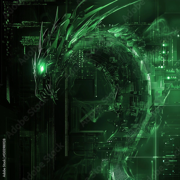 Fototapeta Abstract dragon in high tech background image, generative AI illustration