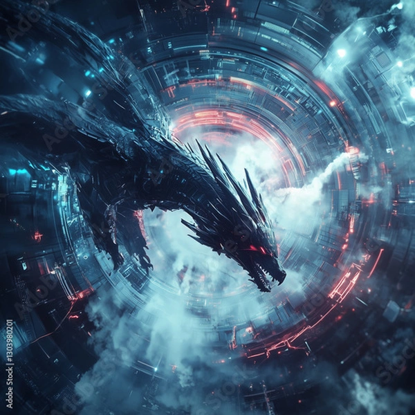 Fototapeta Abstract dragon in high tech background image, generative AI illustration