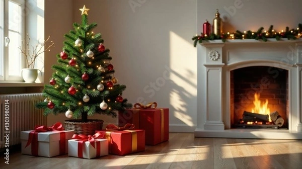 Fototapeta A sunlit room with a decorated Christmas tree, presents, and a fireplace burning