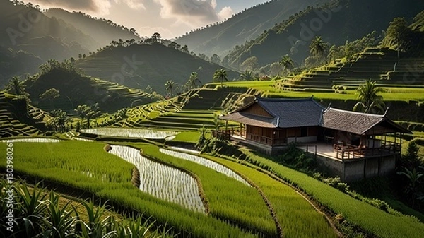 Obraz Landscape of terraced rice fields, characterized by their lush green and golden hues.