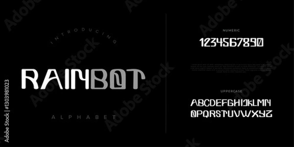 Fototapeta Rainbot creative modern geometric urban alphabet font. Digital abstract futuristic, game, techno, robot, music, logo, sport, minimal technology typography. Simple numeric vector illustration