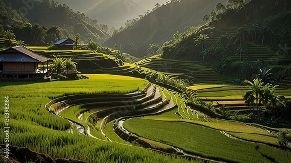 Obraz Landscape of terraced rice fields, characterized by their lush green and golden hues.