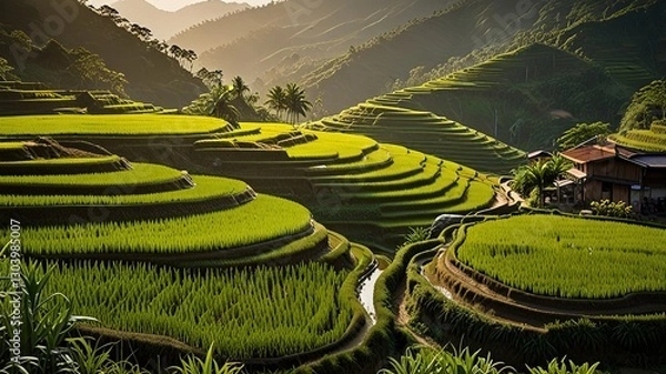 Obraz Landscape of terraced rice fields, characterized by their lush green and golden hues.