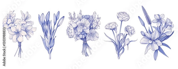 Obraz Bundled Collection set of flowers line art paintings.