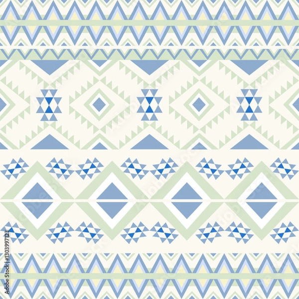 Fototapeta Blue and green geometric abstract seamless tribal ethnic Aztec pattern. Native American style, Navajo pattern. Wallpaper, fabric edge, carpet, rugs, and curtains.