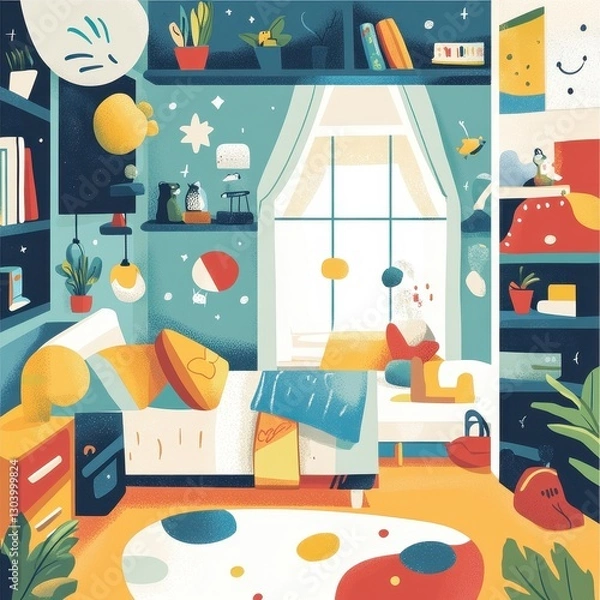 Fototapeta A colorful illustration of a cozy indoor bedroom scene