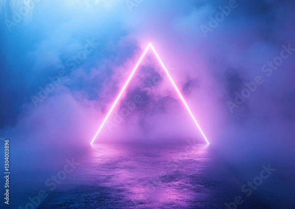 Fototapeta Futuristic Neon Triangle with Blue and Pink Fog in Sci-Fi Cyberpunk Atmosphere