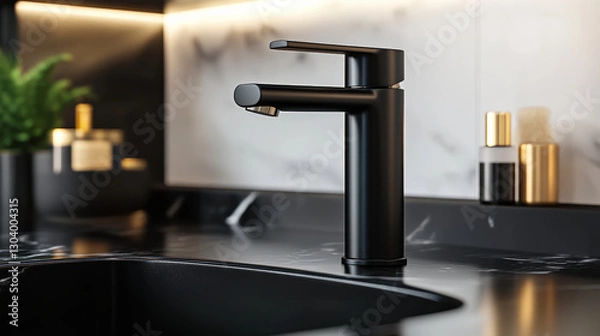 Fototapeta Sleek black faucet on marble countertop, showcasing modern design and elegance. Perfect for contemporary kitchens or bathrooms, adding touch of luxury