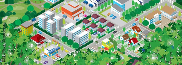Obraz 新緑の街並みイラスト. アイソメ図.