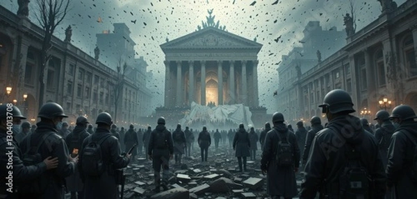 Fototapeta a dramatic dystopian scene: soldiers in a ruined city square facing a monumental building. rebellion, revolution, and the fight for freedom. perfect for sci-fi, fantasy, and dystopian projects.
