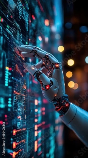 Obraz Close-up of a robotic hand interacting with holographic AI data charts