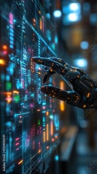 Obraz Close-up of a robotic hand interacting with holographic AI data charts