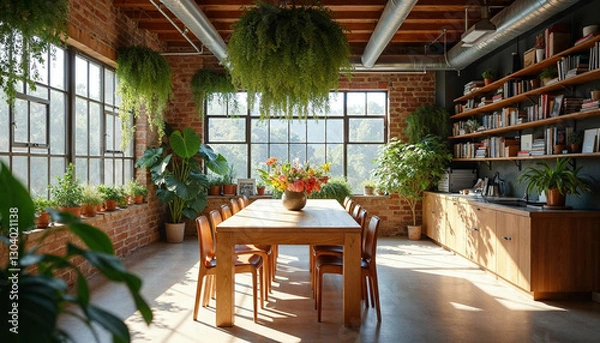 Fototapeta modern office setting, surrounded by natural plants and greenery. The bright lighting adds a refreshing touch to the workspace.