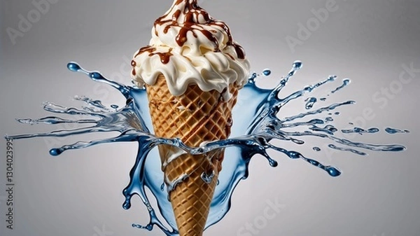 Fototapeta A long, elegant drip with creamy swirls extends around the soft ice cream cone. Generative AI.