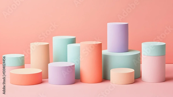 Fototapeta Creative display of colorful cylinders modern studio photography soft tones top view abstract design