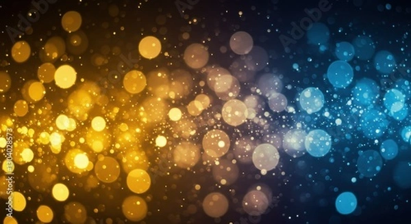 Fototapeta glowing particles, bokeh lights, blue and gold background, abstract, magical atmosphere, blurred circles, shimmering effect, dreamy, ethereal, cosmic, sparkles, night sky, lens flare, luminous orbs, d