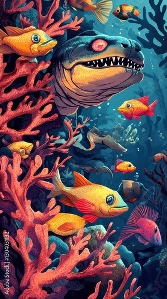 Fototapeta A colorful underwater scene shows various kinds of fishes