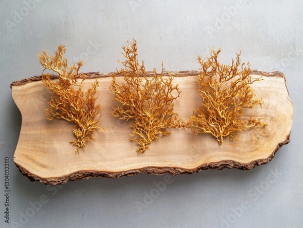 Fototapeta Photo of golden sea moss on a wooden board, against a gray background, in a top-down view