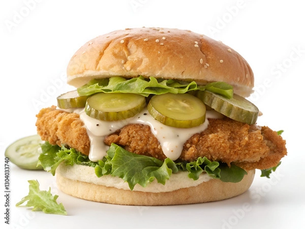 Fototapeta A crispy fried chicken sandwich with fresh pickles, lettuce, and creamy sauce, isolated on a white background for food photography and branding.