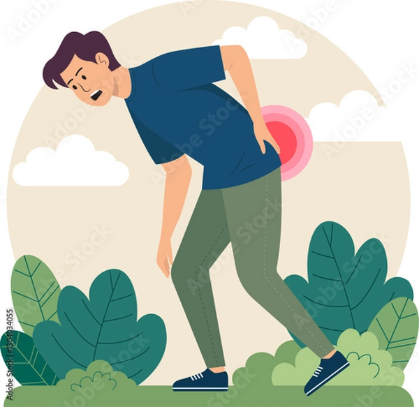 Obraz Illustration of a man with back pain. He puts his hand on his waist and has a pained look on his face.