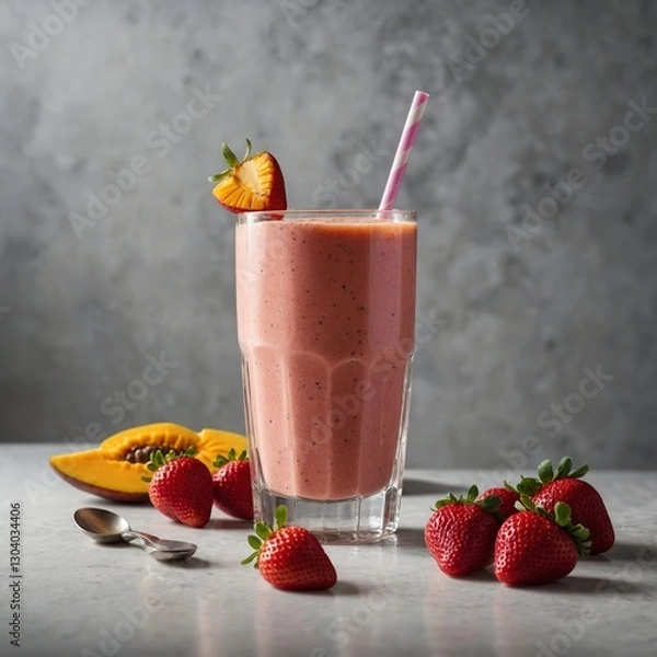 Fototapeta Tasty Delicious Strawberry Smoothie Shake in a glass  Strawberry smoothie drink A tall glass with a pink drink, whipped cream, and a strawberry on top, on a wooden table