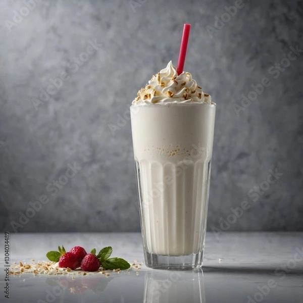 Fototapeta sweet milkshake with caramel syrup cream liqueur caramel    Delicious vanilla milkshake with whipped cream and strawberry topping sweet milkshake with caramel syrup cream liqueur caramel