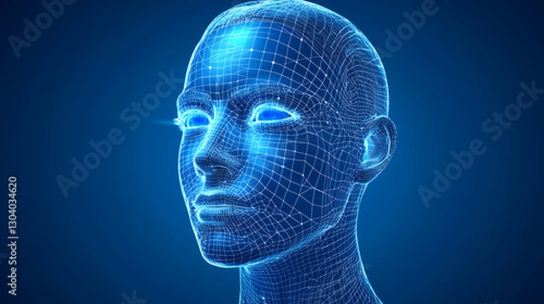 Fototapeta A digital representation of a human head created with a wireframe structure, illuminated against a blue background, symbolizing technology and artificial intelligence.
