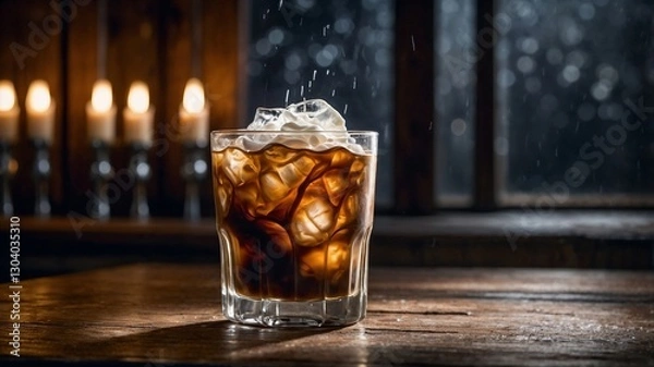 Fototapeta Iced coffee on an attractive wooden table. Ice cubes floating in a glass are refreshing. Generative AI.