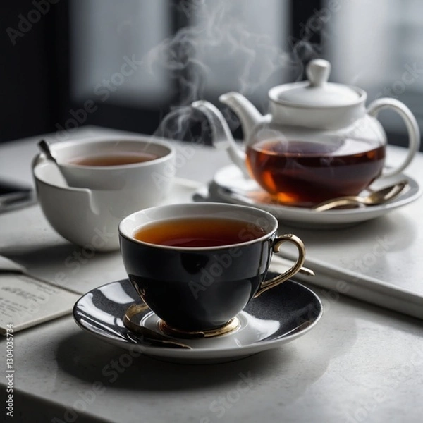 Fototapeta Authentic Chinese Porcelain Tea Set AI Photo  cup of tea  a cup of warm tea in the morning  white cup with black tea and teapot on black table Cup of tea and teapot breakfast drink and food concept