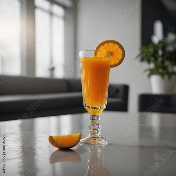 Fototapeta an orange juice drink in a cocktail glass with a white straw  Orange margarita cocktail resting on a bar countertop Tall glass filled with Aperol spritz and ice, topped with a float of orange liqueur 
