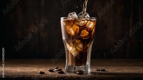 Fototapeta Textured wooden table and coffee with ice. The condensation on the glass and the soft swirls of the cream create a visual delight. Generative AI.
