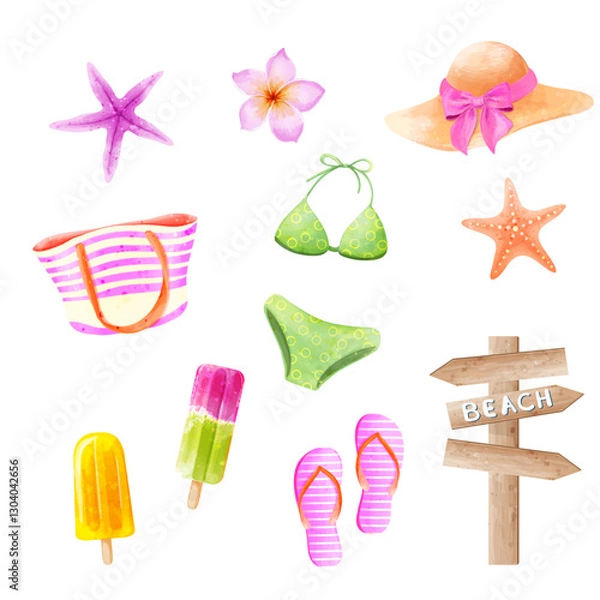 Obraz Set of cute elements for a beach holiday.Vector watercolor illustrations